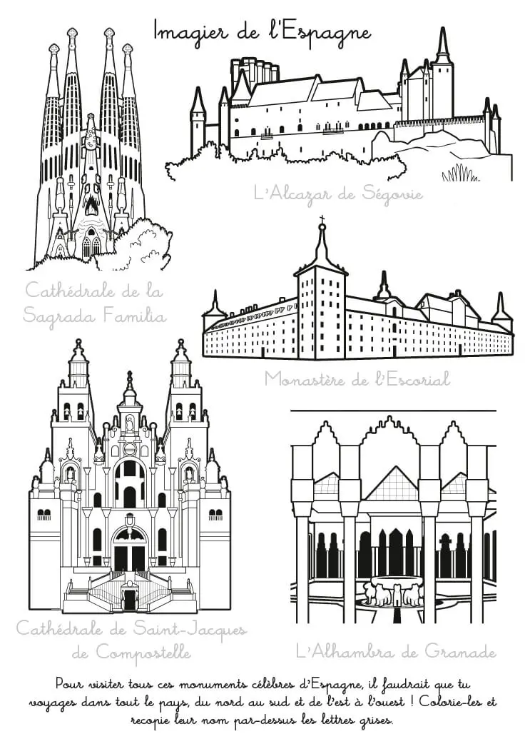 Coloriage Imagier Espagne Monuments Célèbres Cathedrales - Espagne à imprimer