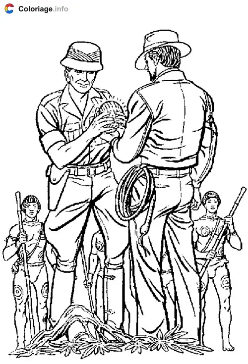 Coloriage Indiana Jones avec des indigènes - Indiana Jones à imprimer