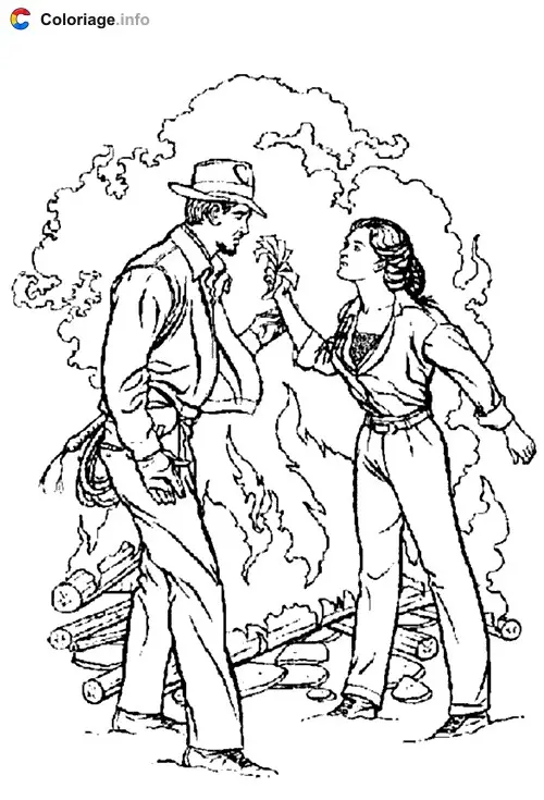 Coloriage Indiana Jones avec une femme devant un feu - Indiana Jones à imprimer