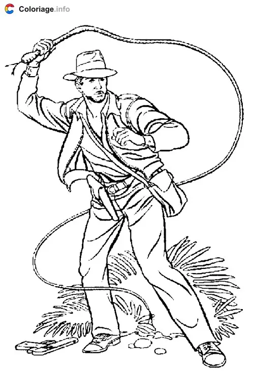 Coloriage Indiana Jones qui utilise son fouet - Indiana Jones à imprimer