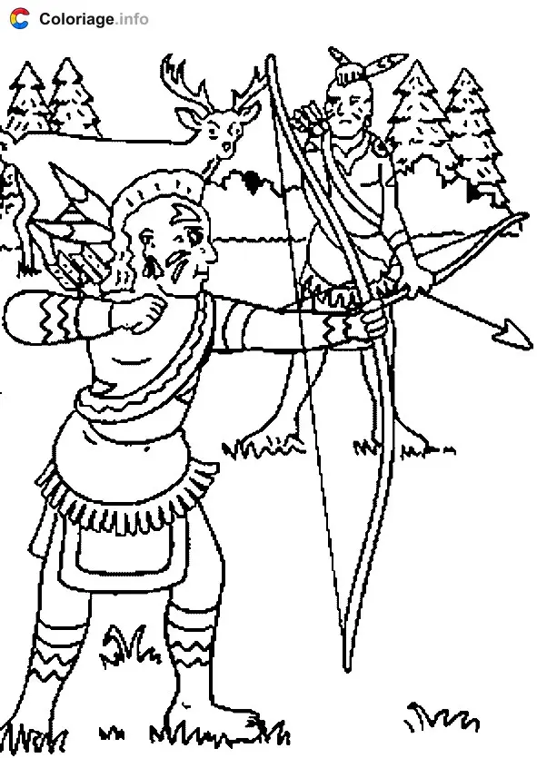 Coloriage Indiens qui chassent avec des arcs - Indiens à imprimer