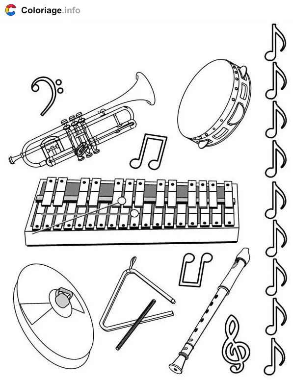 Coloriage Instruments en vrac - Instruments de musique à imprimer