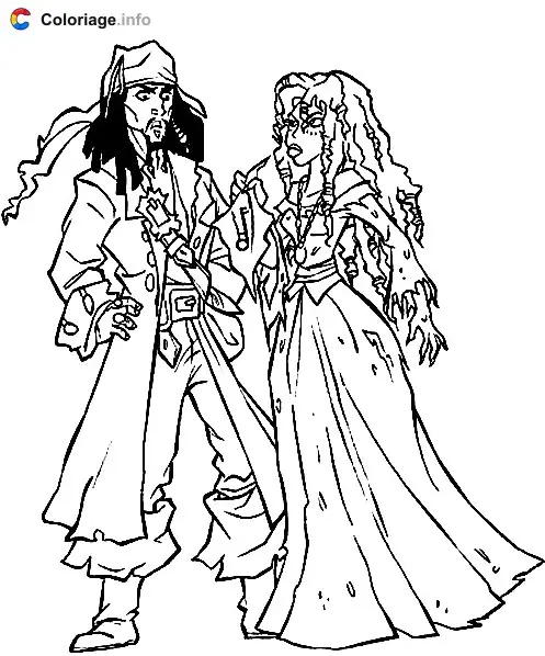 Coloriage Jack Sparrow avec une femme - Pirates à imprimer