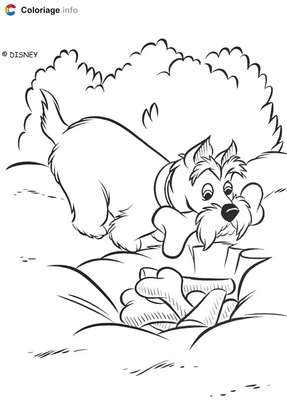 Coloriage Jock ajoute un os à sa réserve - La Belle et le Clochard à imprimer
