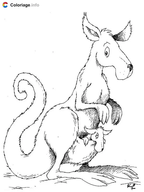Coloriage Kangourou avec son bébé dans sa poche - Kangourou à imprimer