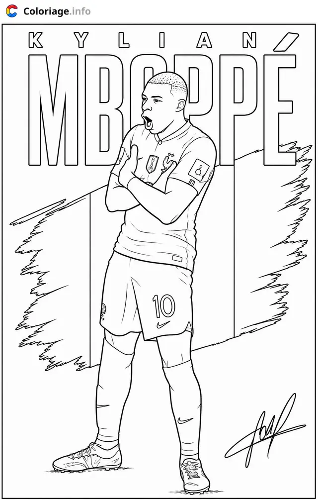 Coloriage Kylian Mbappé célébrant son but avec l'équipe de France - Foot à imprimer