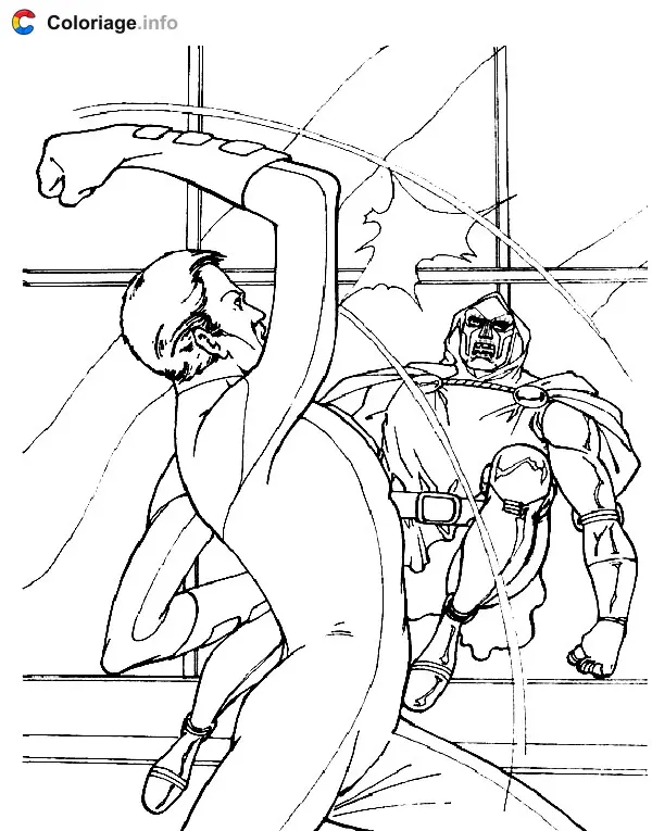 Coloriage L'Homme Élastique contre un méchant - Les 4 Fantastiques à imprimer