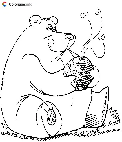 Coloriage L'ours a arraché une ruche d'abeille pour récupérer le miel - Ours à imprimer