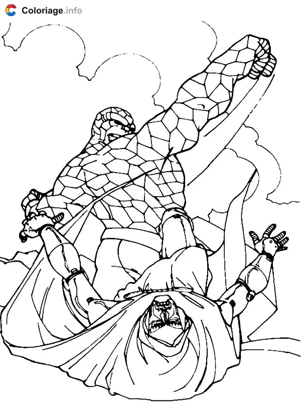 Coloriage La Chose combat un méchant - Les 4 Fantastiques à imprimer