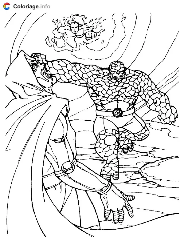 Coloriage La Chose, le méchant et la Torche humaine - Les 4 Fantastiques à imprimer