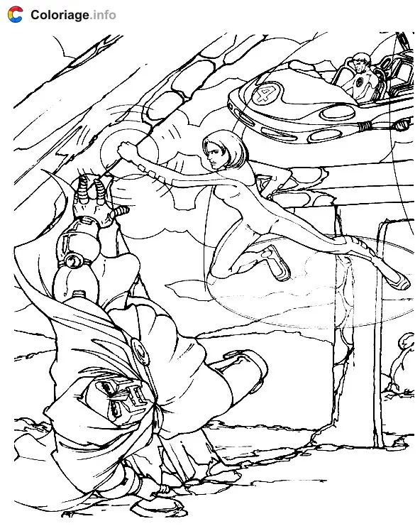 Coloriage La Femme invisible combat un méchant - Les 4 Fantastiques à imprimer