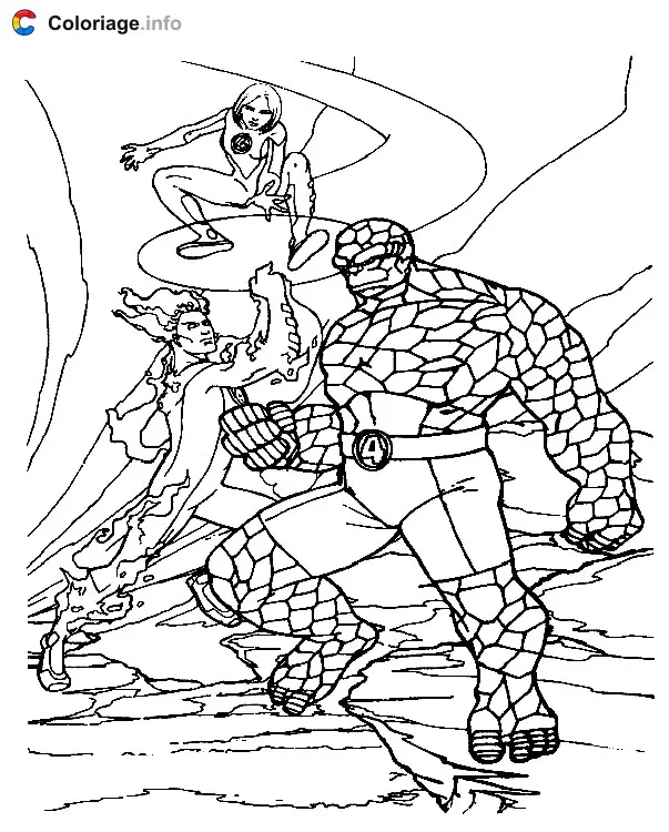 Coloriage La Femme invisible, la Chose et la Torche humaine - Les 4 Fantastiques à imprimer
