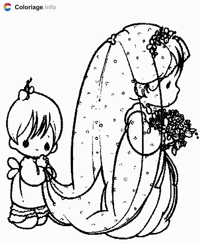 Coloriage La mariée avec une petite fille - Mariage à imprimer