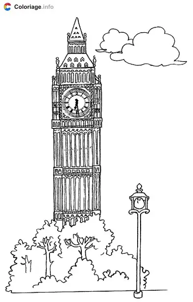 Coloriage La Tour de l'Horloge et la cloche Big Ben - Angleterre à imprimer