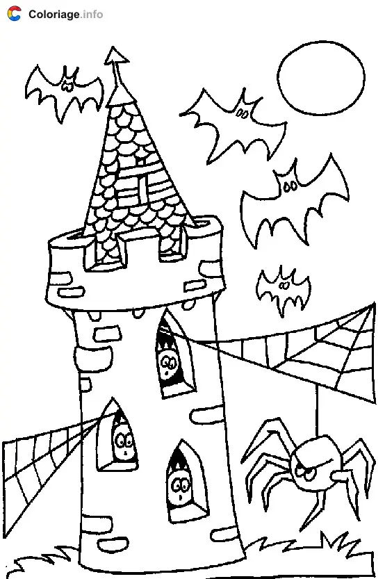 Coloriage La tour du manoir hantée par des araignées et des chauves-souris - Manoirs hantés à imprimer