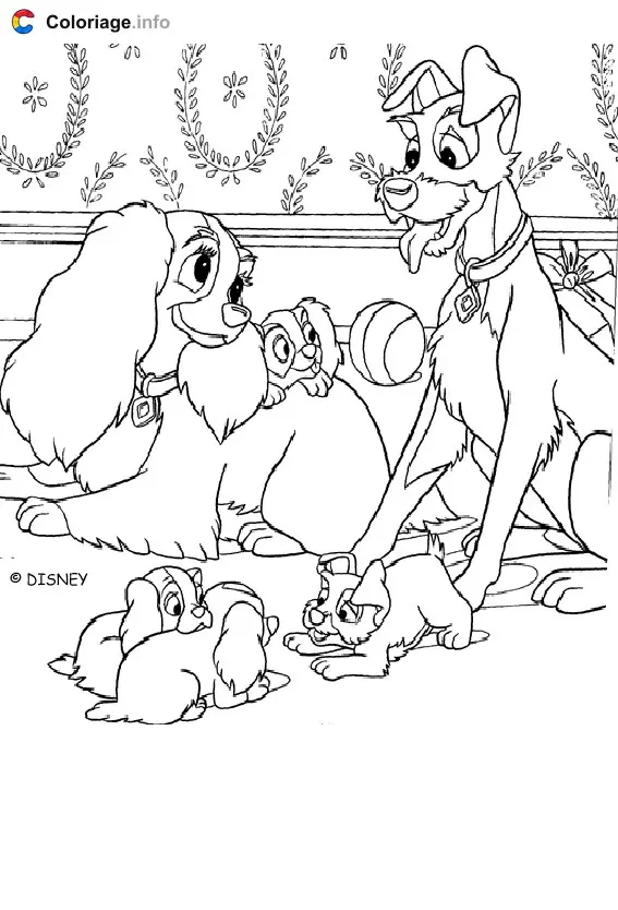 Coloriage Lady et Clochard ont des petits chiots - La Belle et le Clochard à imprimer