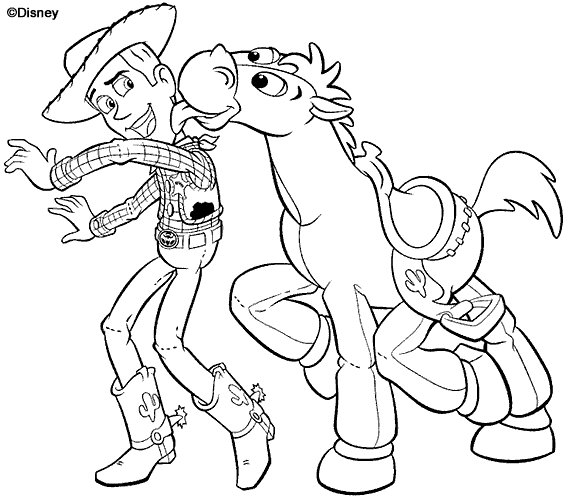 Coloriage Le Cow Boy Woody Et Son Cheval - Toy story à imprimer