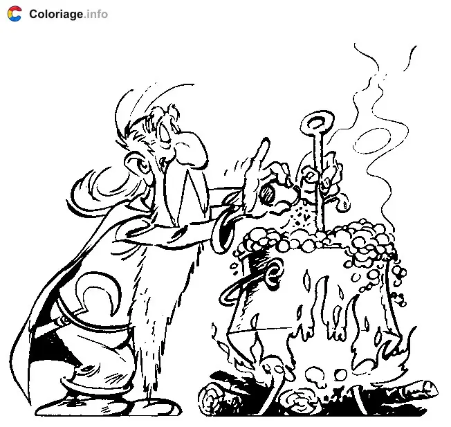 Coloriage Le druide Panoramix ajoute du sel dans la marmite - Astérix à imprimer