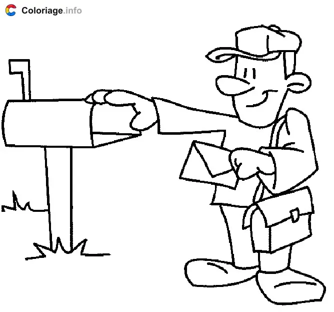 Coloriage Le facteur met le courrier dans la boîte aux lettres - Facteur à imprimer