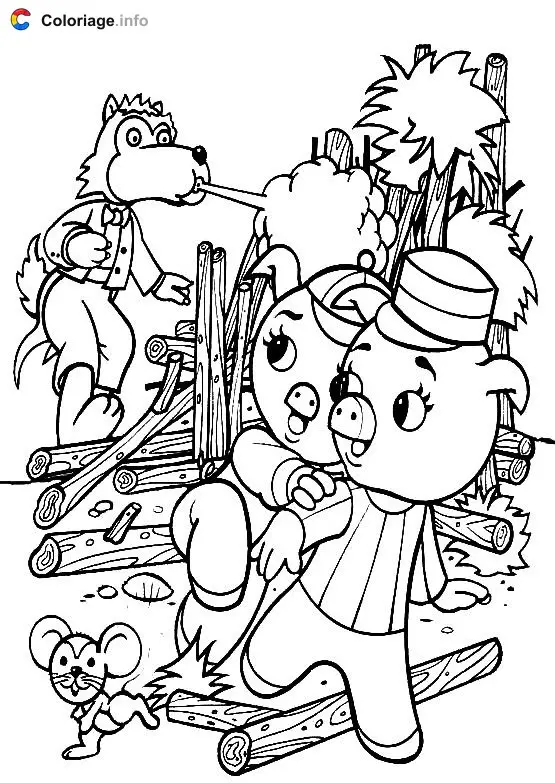 Coloriage Le loup souffle sur la maison de 2 petits cochons - Les 3 Petits Cochons à imprimer