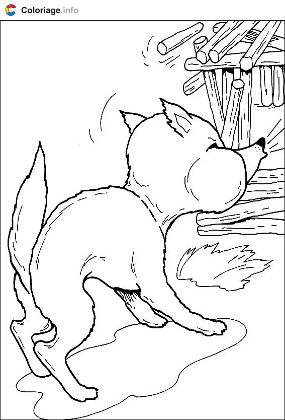 Coloriage Le loup souffle sur la maison en bois - Les 3 Petits Cochons à imprimer