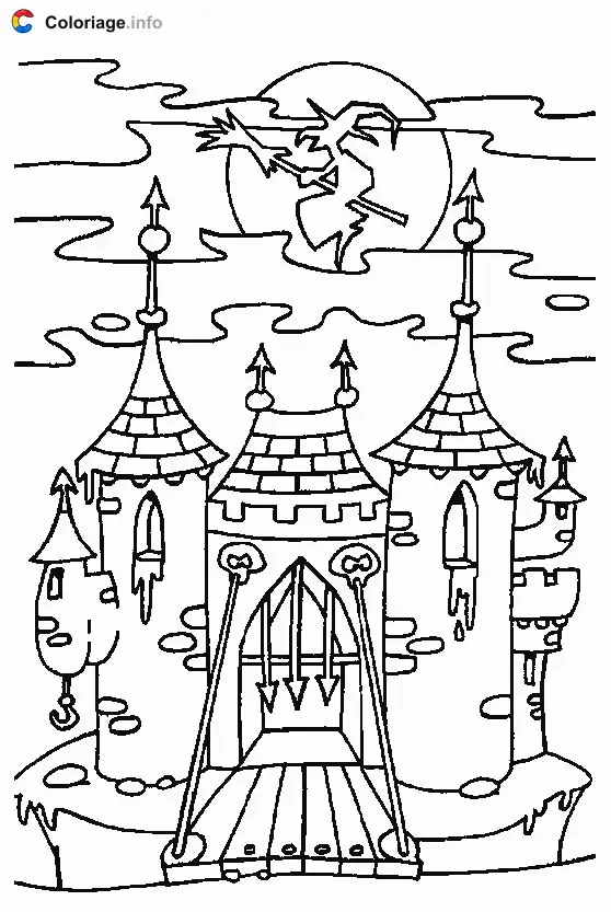 Coloriage Le manoir hanté par la sorcière - Manoirs hantés à imprimer