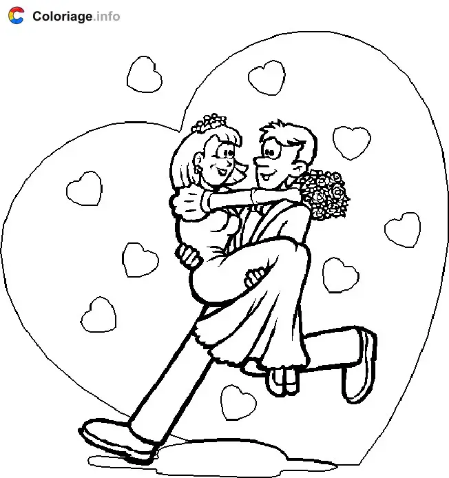 Coloriage Le marié court avec la mariée dans ses bras - Mariage à imprimer