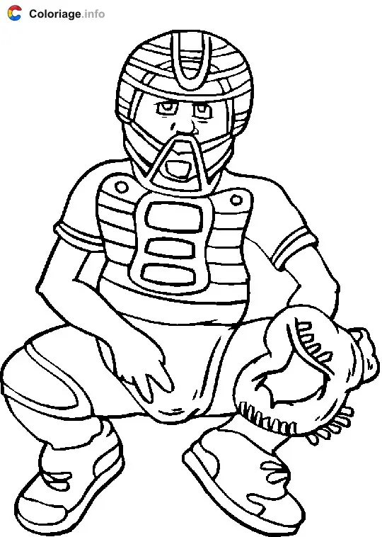 Coloriage Le receveur est accroupi à rattrapper la balle - Baseball à imprimer
