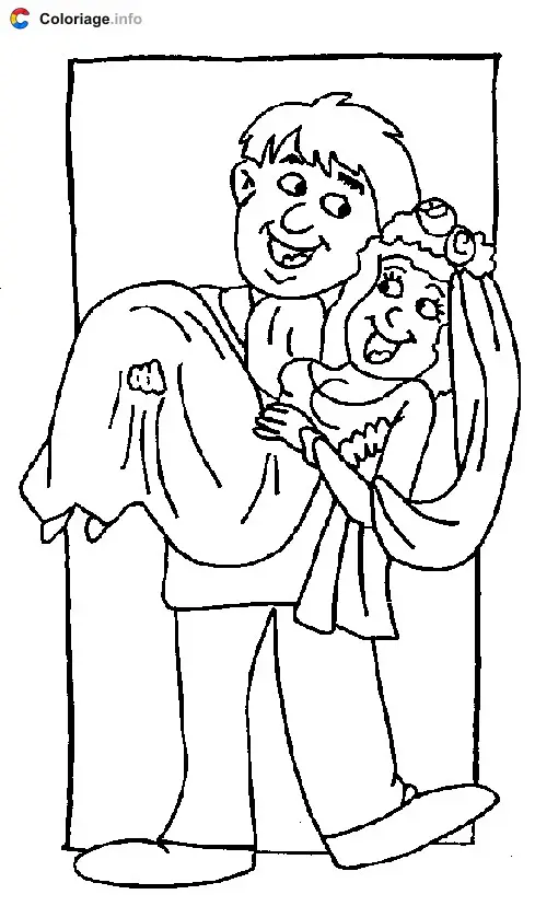 Coloriage Le marié porte sa femme dans ses bras - Mariage à imprimer