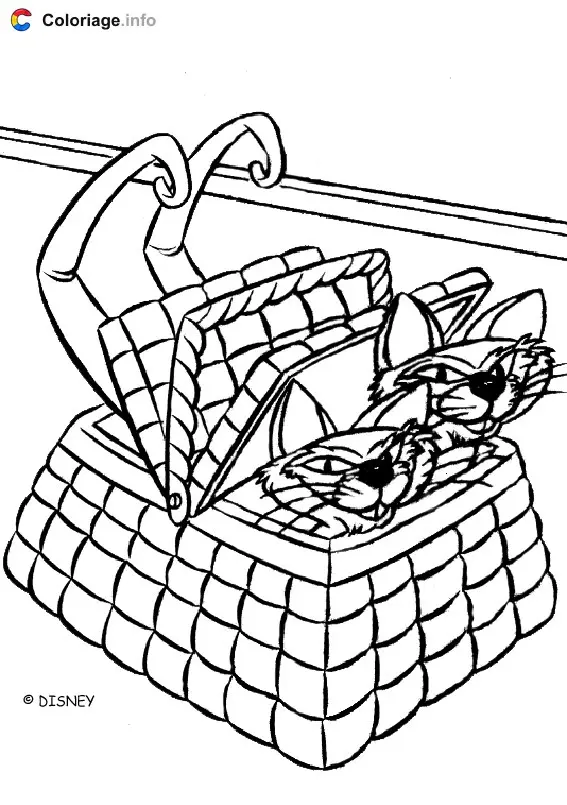 Coloriage Les Chats siamois dans panier - La Belle et le Clochard à imprimer