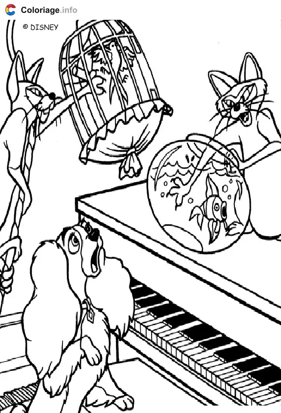 Coloriage Les Chats siamois font des bêtises - La Belle et le Clochard à imprimer