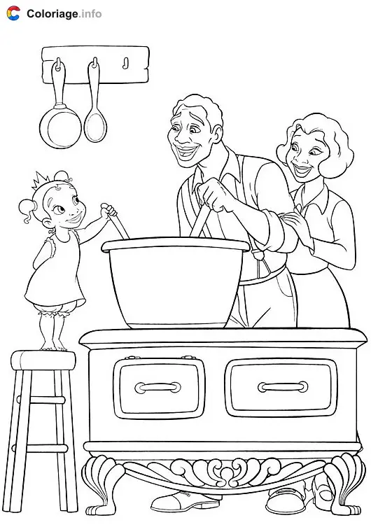 Coloriage Les parents dans la cuisine avec leur fille - Cuisine à imprimer