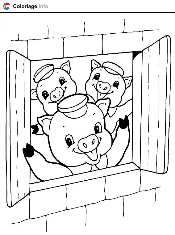 Coloriage Les trois petits cochons à la fenêtre de la maison en briques - Les 3 Petits Cochons à imprimer