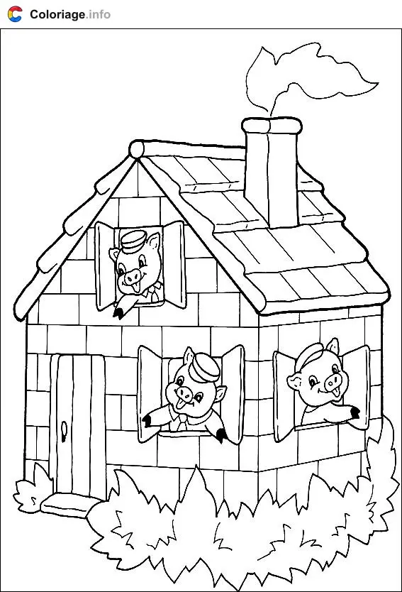 Coloriage Les trois petits cochons dans la maison de briques - Les 3 Petits Cochons à imprimer