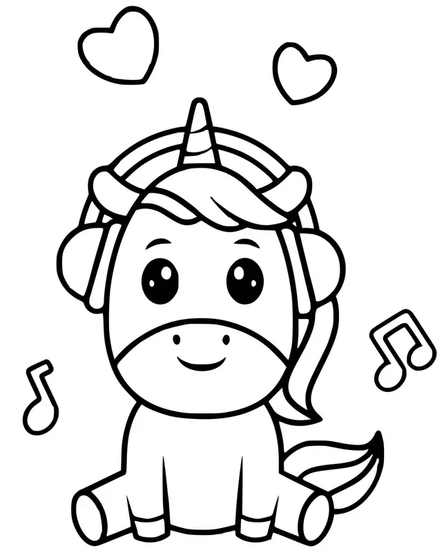 Coloriage Licorne Kawaii Avec Casque De Musique - Licorne kawaii à imprimer