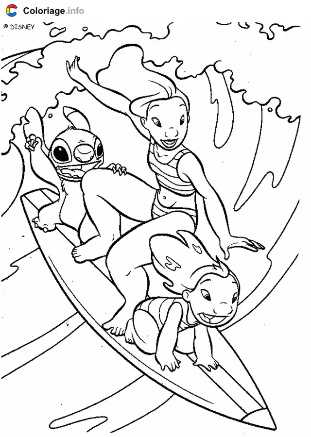 Coloriage Lilo et Stitch sur leur planche de surf - Stitch à imprimer