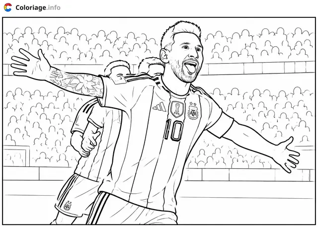Coloriage Lionel Messi numéro 10 Footballeur Argentin célébrant la victoire - Foot à imprimer