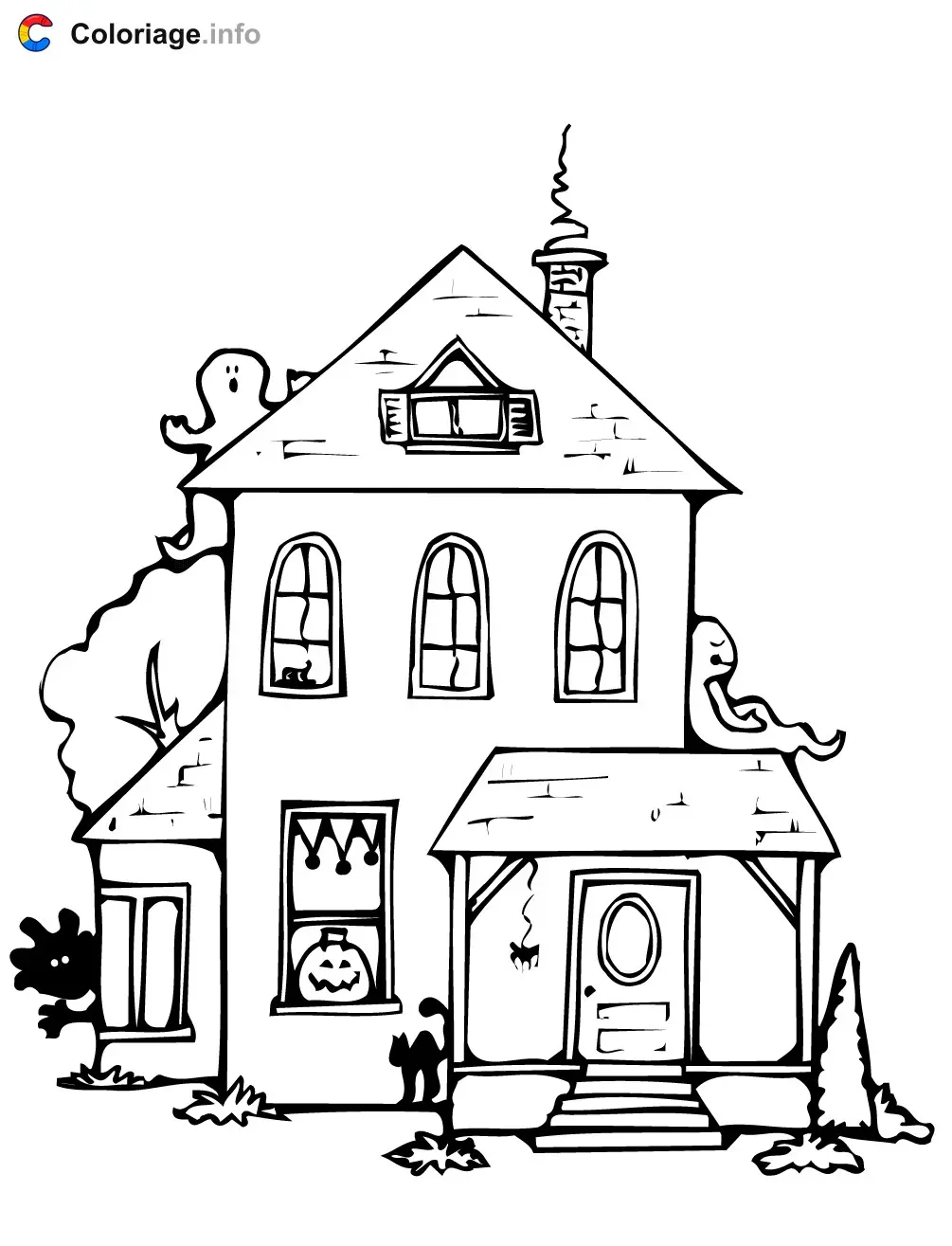 Coloriage Maison hantee halloween avec fantomes citrouille chat - Maison à imprimer