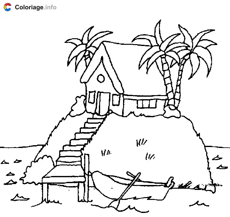Coloriage Maison sur une petite île isolée - Île déserte à imprimer