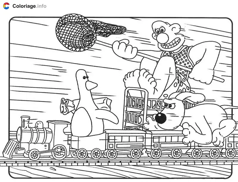 Coloriage Manchot voleur et Wallace et Gromit sur un petit train - Wallace et Gromit à imprimer