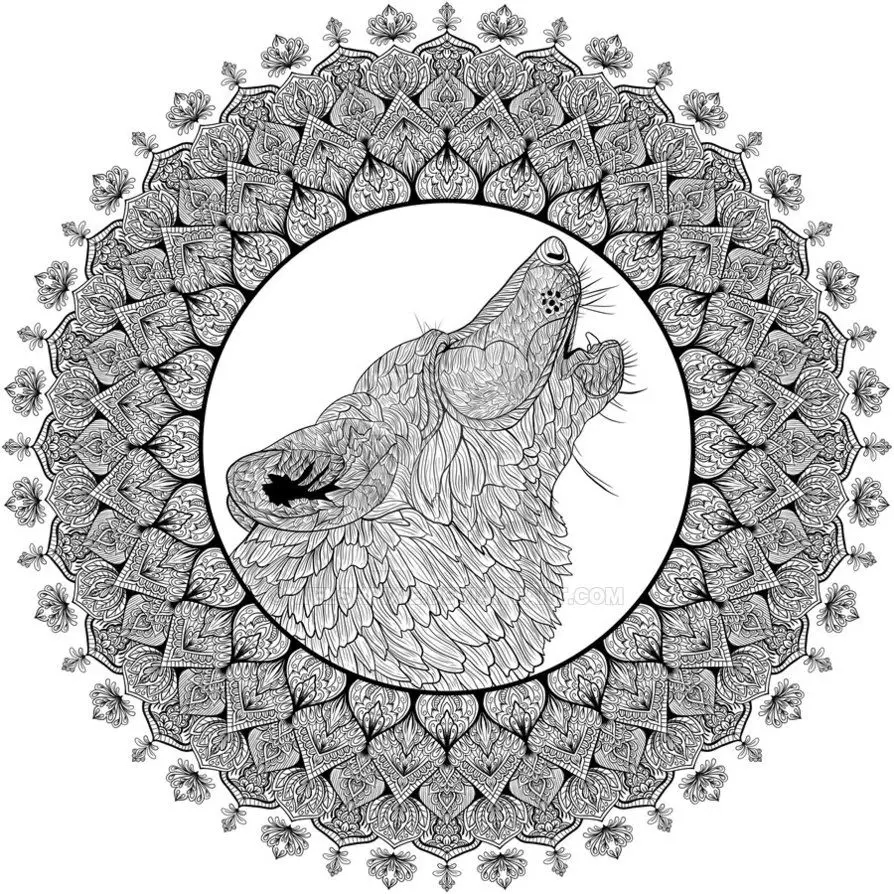 Ausmalbild Mandala Wolf Schwierig Komplex für Erwachsene zum Ausdrucken