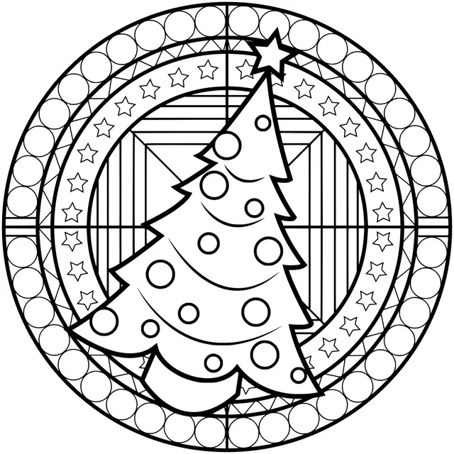 Coloriage Mandala Sapin De Noël Avec Des Étoiles Et Boules Décorations - Mandala de Noël à imprimer