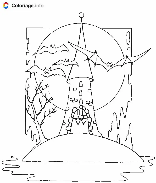 Coloriage Manoir avec des chauves-souris - Manoirs hantés à imprimer