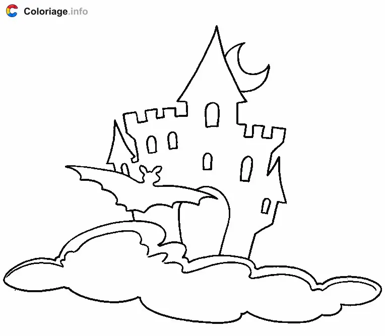 Coloriage Manoir avec un croissant de lune et une chauve-souris - Manoirs hantés à imprimer