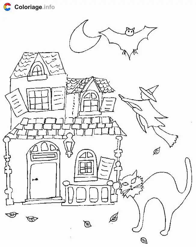Coloriage Manoir hanté par une sorcière un chat noir et un fantôme - Manoirs hantés à imprimer