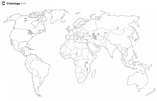 Coloriage Mappemonde avec pays - Carte du monde à imprimer