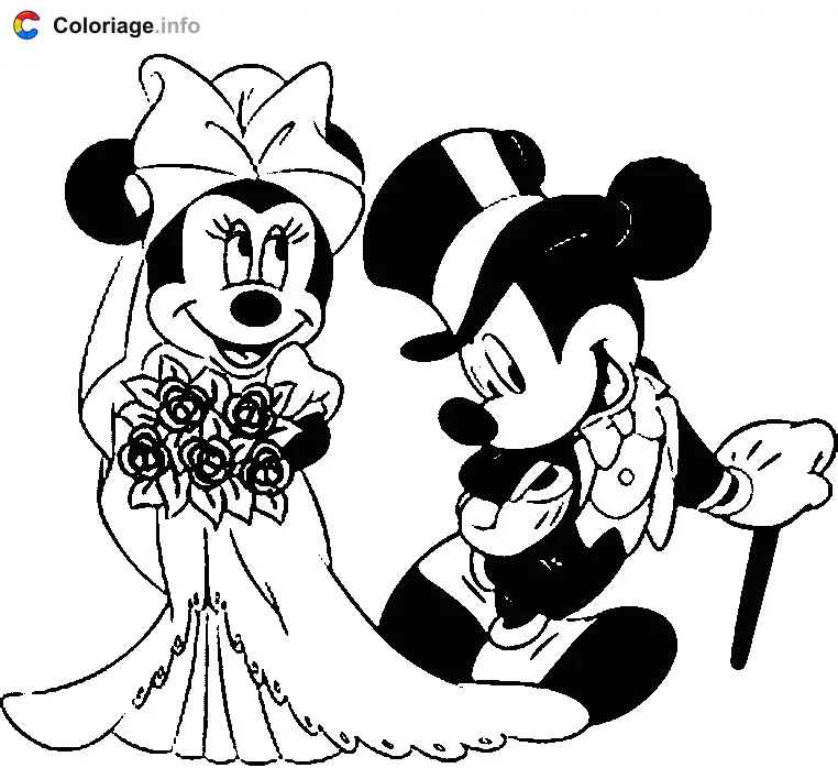Coloriage Mariage de Mickey et Minnie - Mariage à imprimer