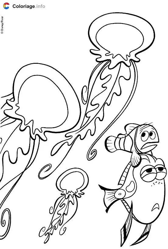 Marlin and Dory Swimming Among Jellyfish coloring page to print