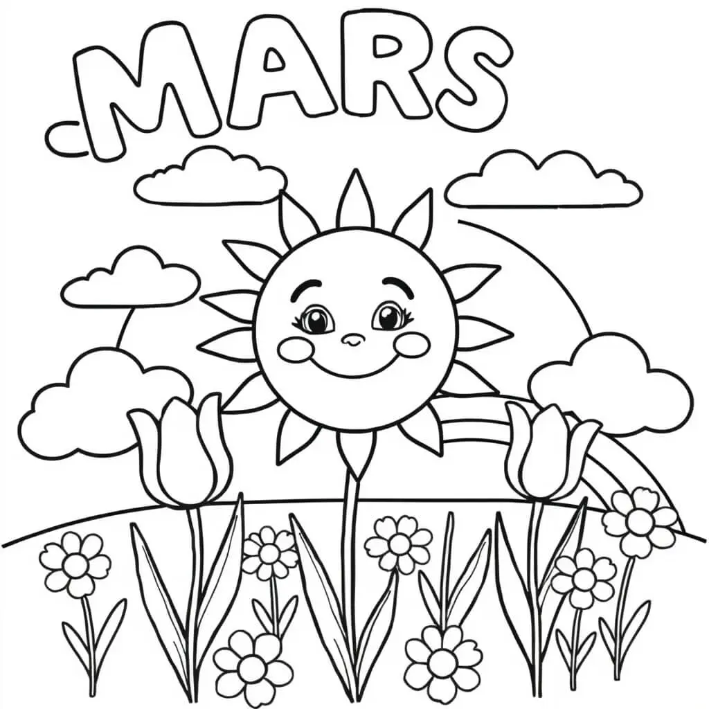 Coloriage Mars Soleil Souriant Printemps - Mars à imprimer