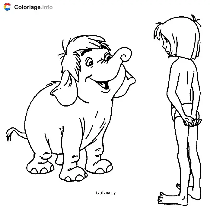 Coloriage Mowgli et un petit éléphant - Le Livre de la jungle à imprimer